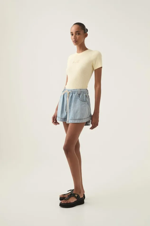 Aje Denim Aura Flared Denim Short Sea Spray Wash 8211 Women