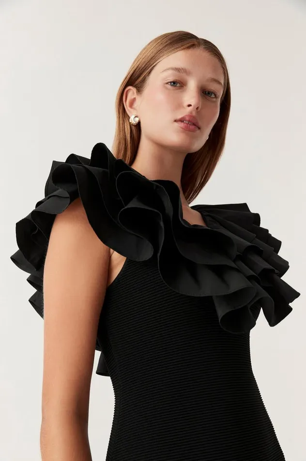 Aje Dresses Transcendent Ruffle Midi Dress Black 8211 Women