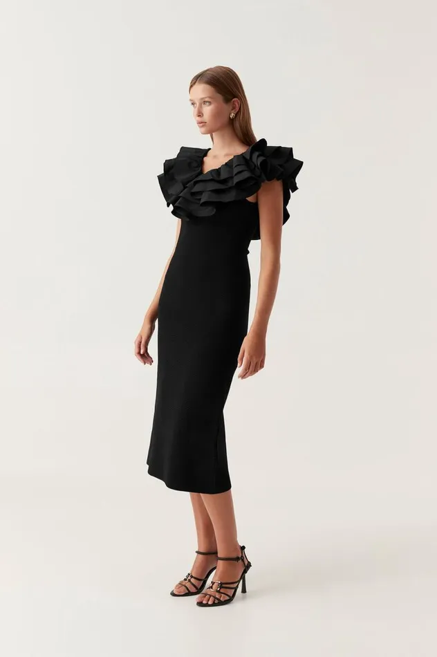 Aje Dresses Transcendent Ruffle Midi Dress Black 8211 Women