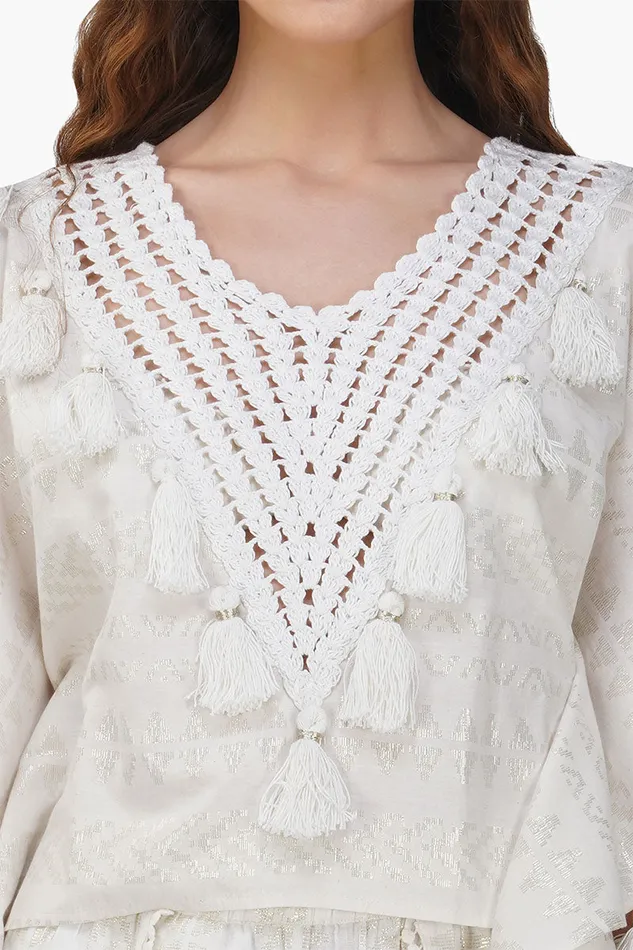America and Beyond Tops Women Golden Pearl Lurex Tassel Crochet Blouse