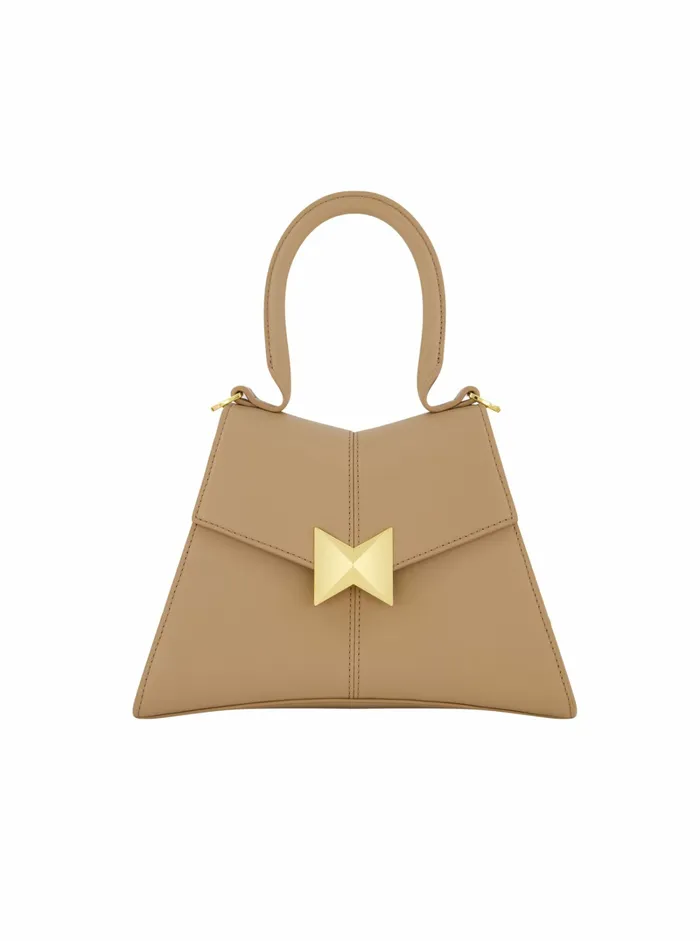 Angular Small Taupe Leather Handbag With Gold Hardware Taupe Women Top Handle Bags Mac Duggal