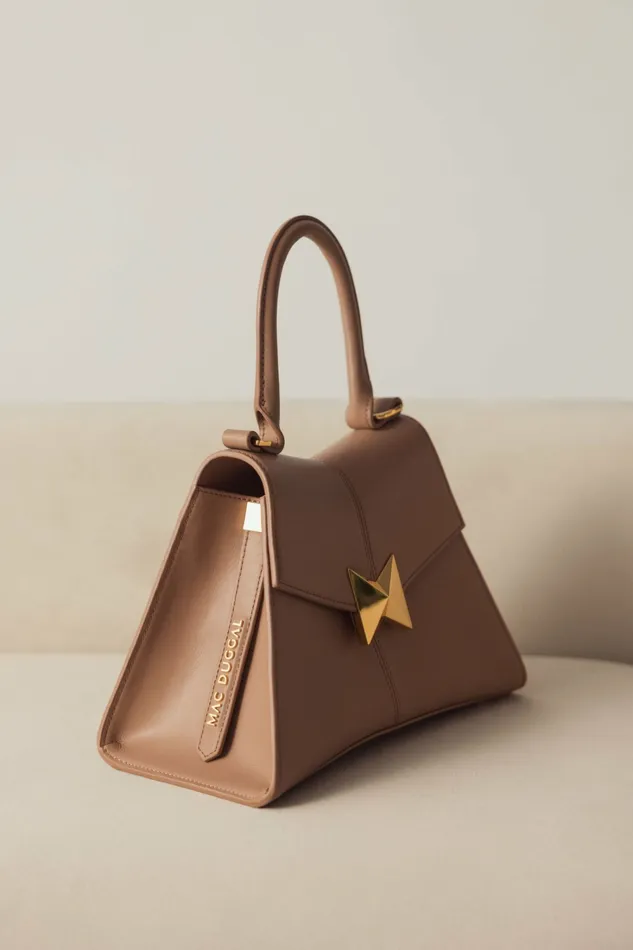 Angular Small Taupe Leather Handbag With Gold Hardware Taupe Women Top Handle Bags Mac Duggal