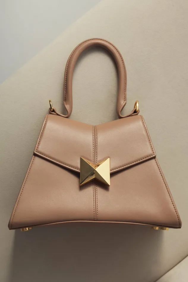 Angular Small Taupe Leather Handbag With Gold Hardware Taupe Women Top Handle Bags Mac Duggal