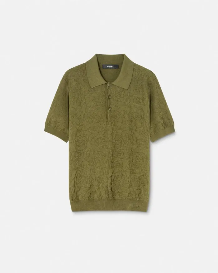Barocco Knit Polo Shirt Green Men Versace Knitwear