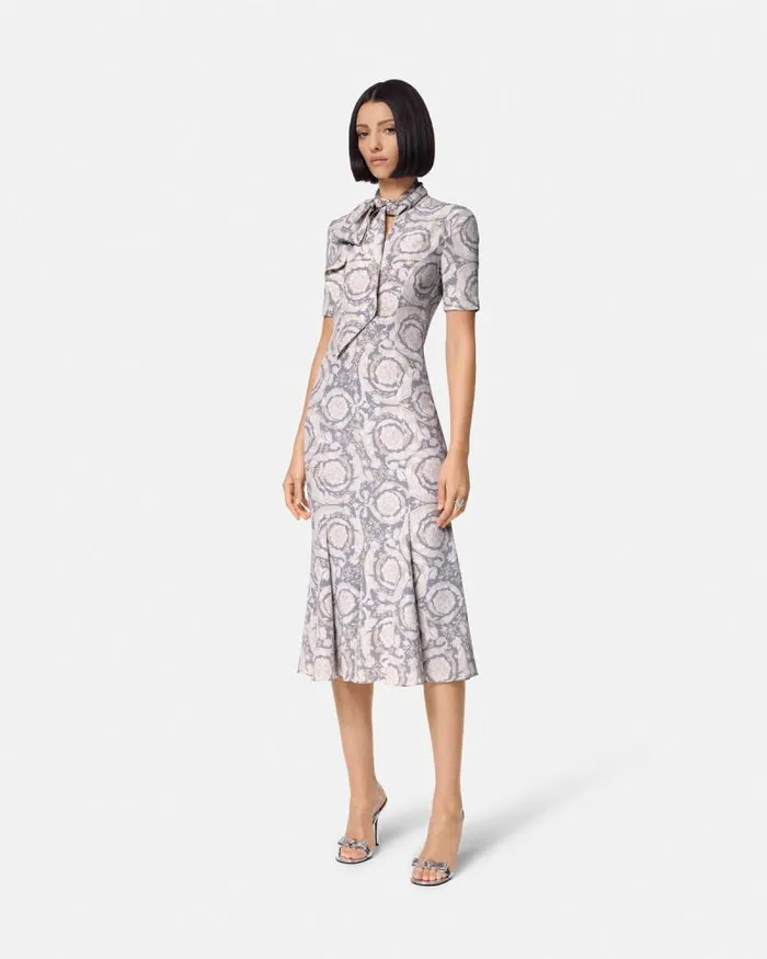 Barocco Lavallire Silk Crpe Midi Dress Gray Women Versace Dresses