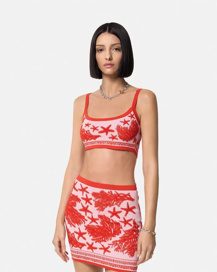 Barocco Sea Knit Crop Top Light Pink Women Versace Shirts and Tops