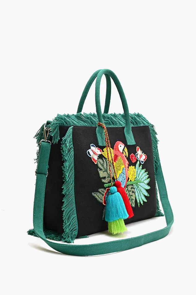 Beach Bags Women America and Beyond Parrot Beaded Fringed Tote