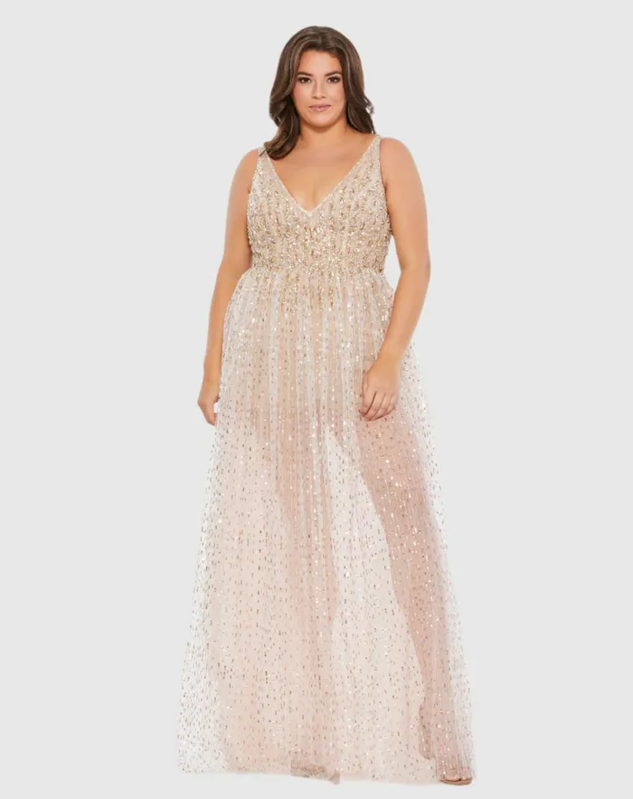 Beaded Sleeveless V Neck Sheer Overlay Romper Plus Nude Gold Jumpsuits and Rompers Mac Duggal Women Beaded Sleeveless V Neck Sheer Overlay Romper Plus Nude Gold Jumpsuits and Rompers Mac Duggal Women