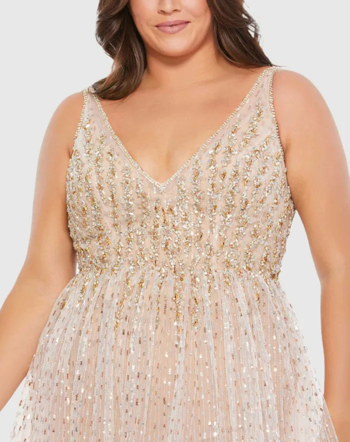 Beaded Sleeveless V Neck Sheer Overlay Romper Plus Nude Gold Jumpsuits and Rompers Mac Duggal Women Beaded Sleeveless V Neck Sheer Overlay Romper Plus Nude Gold Jumpsuits and Rompers Mac Duggal Women