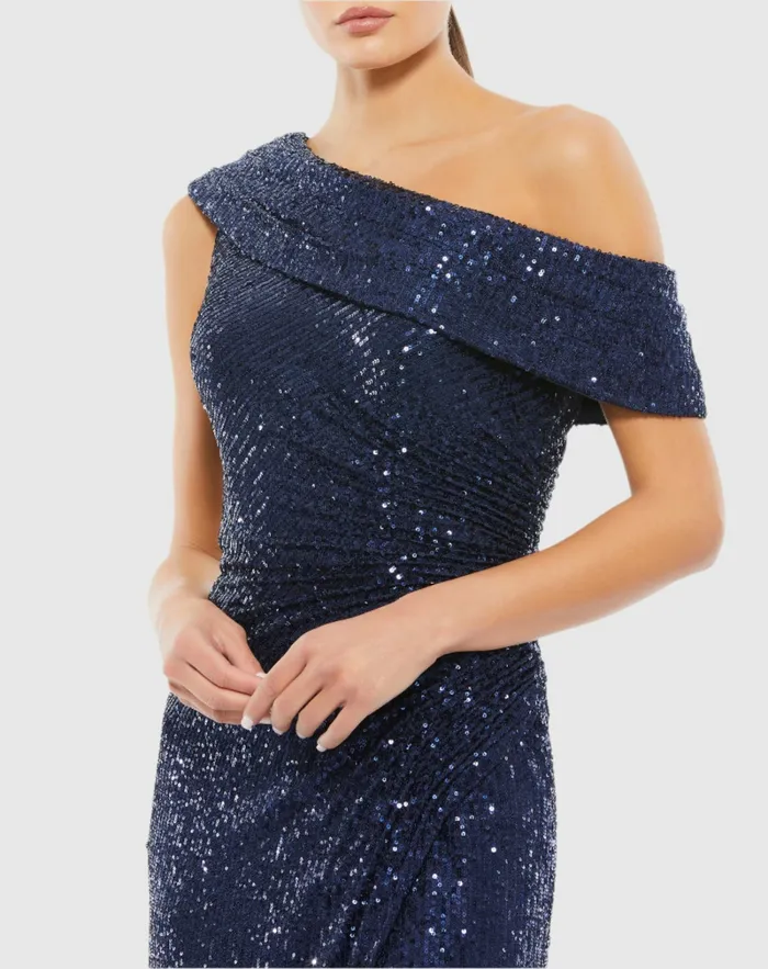 Best Sellers Navy Sequined Drop Shoulder Gown Midnight 8211 Mac Duggal Women