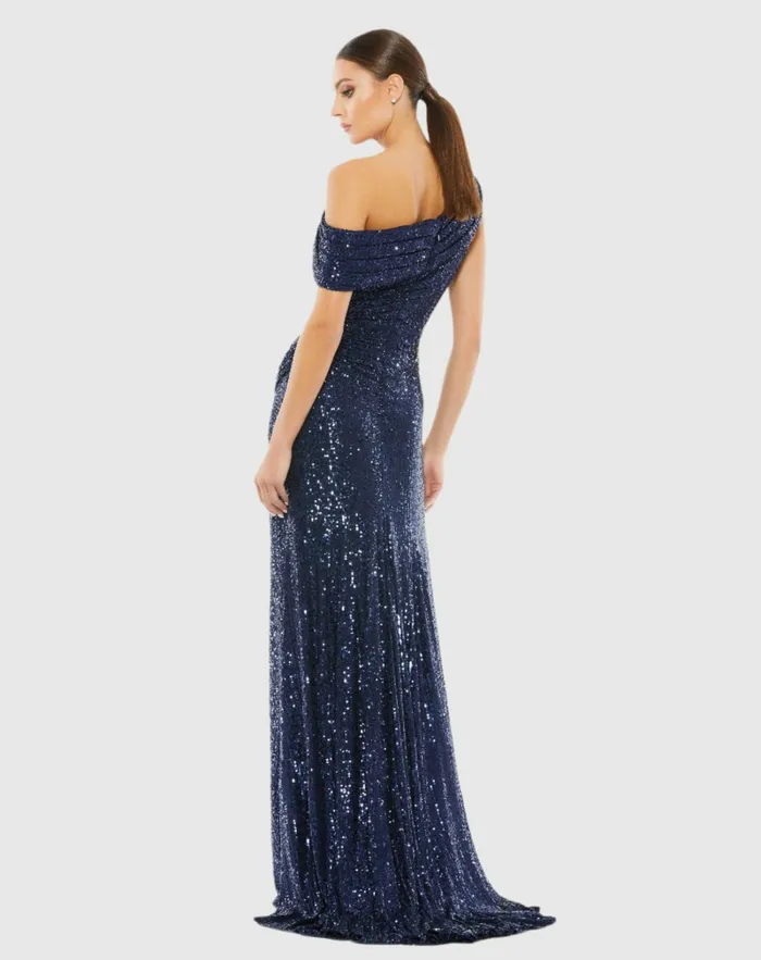 Best Sellers Navy Sequined Drop Shoulder Gown Midnight 8211 Mac Duggal Women