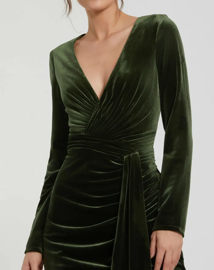 Best Sellers Women Mac Duggal Long Sleeve Deep V Draped Velvet Gown Olive