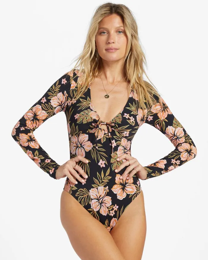 Billabong Hooked On Tropics Surf Tee Black Pebble Womens Rashguards and Bodysuits