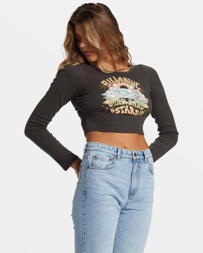 Billabong Stars In Your Eyes Long Sleeve Cropped Tshirt Off Black Womens Tops Billabong Stars In Your Eyes Long Sleeve Cropped Tshirt Off Black Womens Tops