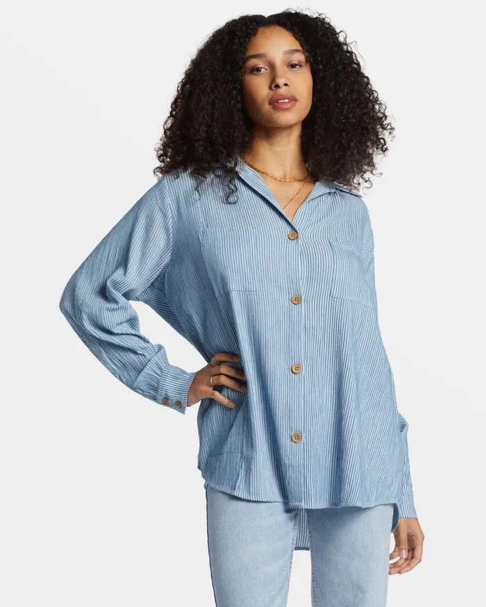 Billabong Swell Oversized Long Sleeve Shirt Blue Shadow Womens Tops Billabong Swell Oversized Long Sleeve Shirt Blue Shadow Womens Tops