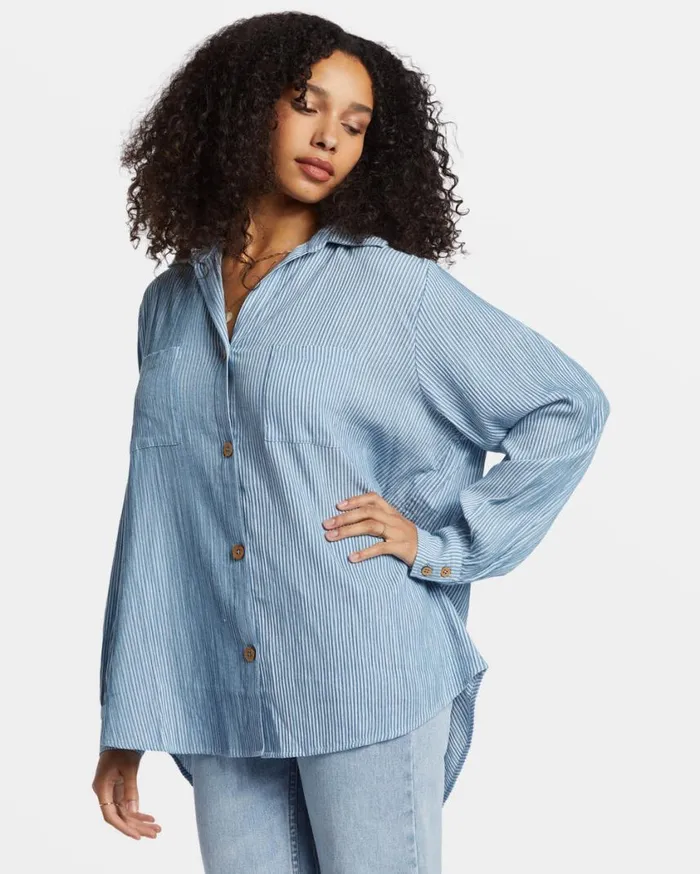 Billabong Swell Oversized Long Sleeve Shirt Blue Shadow Womens Tops Billabong Swell Oversized Long Sleeve Shirt Blue Shadow Womens Tops