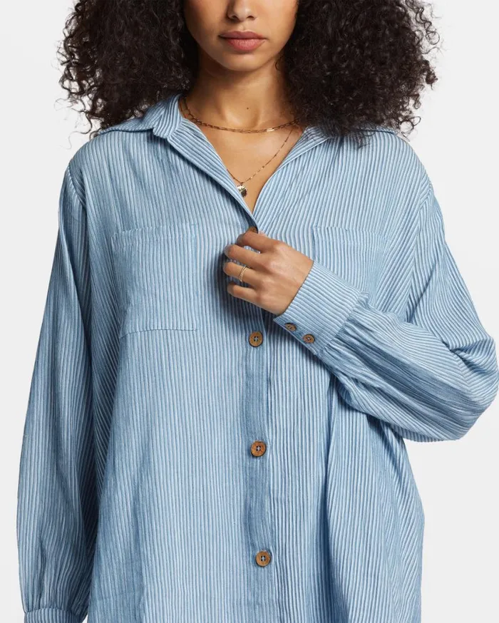 Billabong Swell Oversized Long Sleeve Shirt Blue Shadow Womens Tops Billabong Swell Oversized Long Sleeve Shirt Blue Shadow Womens Tops