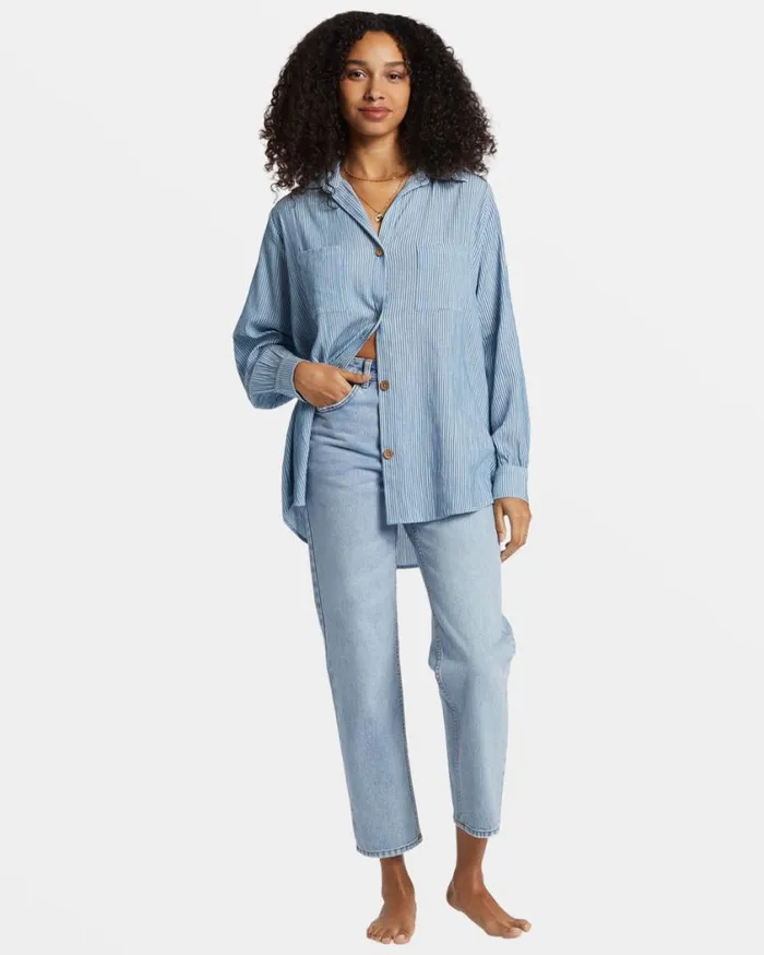 Billabong Swell Oversized Long Sleeve Shirt Blue Shadow Womens Tops Billabong Swell Oversized Long Sleeve Shirt Blue Shadow Womens Tops