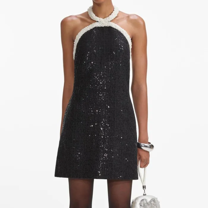 Black Boucle Pearl Trim Mini Dress Women Self Portrait Dresses Black Boucle Pearl Trim Mini Dress Women Self Portrait Dresses