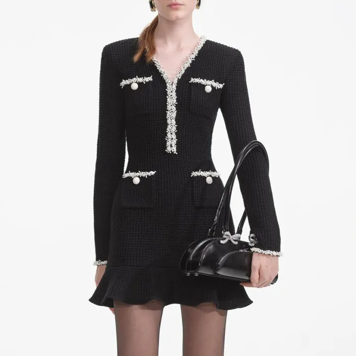 Black Pearl Trim Knit Mini Dress Women Self Portrait Dresses Black Pearl Trim Knit Mini Dress Women Self Portrait Dresses