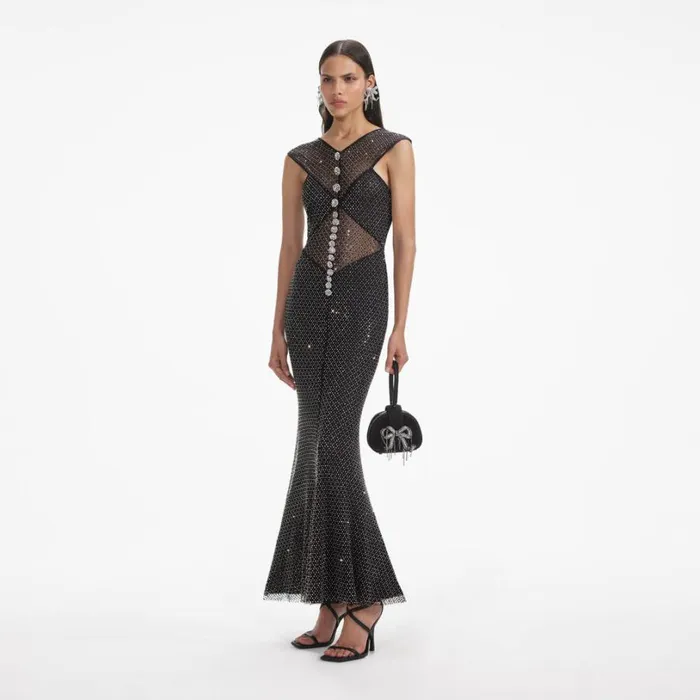 Black Rhinestone Fishnet Crossover Midi Dress Women Self Portrait Dresses Black Rhinestone Fishnet Crossover Midi Dress Women Self Portrait Dresses