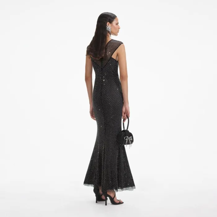 Black Rhinestone Fishnet Crossover Midi Dress Women Self Portrait Dresses Black Rhinestone Fishnet Crossover Midi Dress Women Self Portrait Dresses