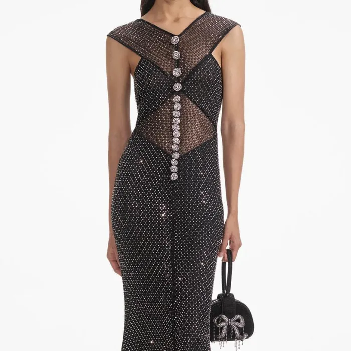 Black Rhinestone Fishnet Crossover Midi Dress Women Self Portrait Dresses Black Rhinestone Fishnet Crossover Midi Dress Women Self Portrait Dresses