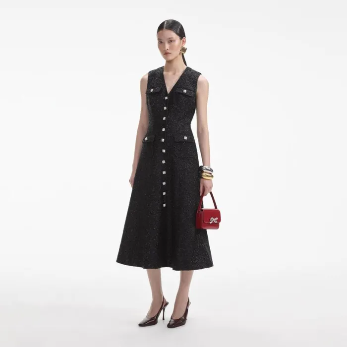 Black Tinsel Boucle Buttoned Midi Dress Women Self Portrait Dresses
