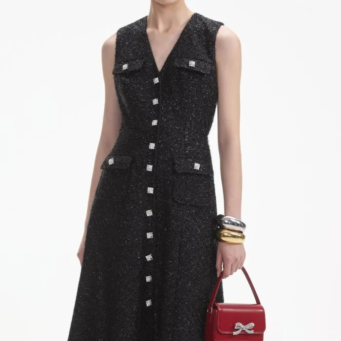 Black Tinsel Boucle Buttoned Midi Dress Women Self Portrait Dresses