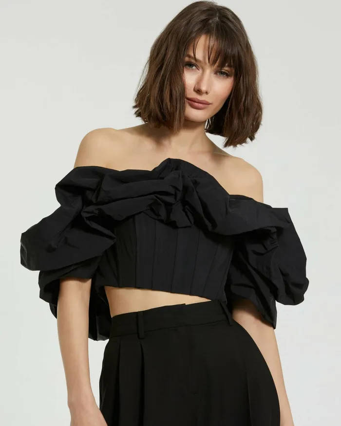 Blouses and Tops Women Black Faille Off The Shoulder Bustier Ruffle Top 8211 FINAL SALE Black Mac Duggal Blouses and Tops Women Black Faille Off The Shoulder Bustier Ruffle Top 8211 FINAL SALE Black Mac Duggal