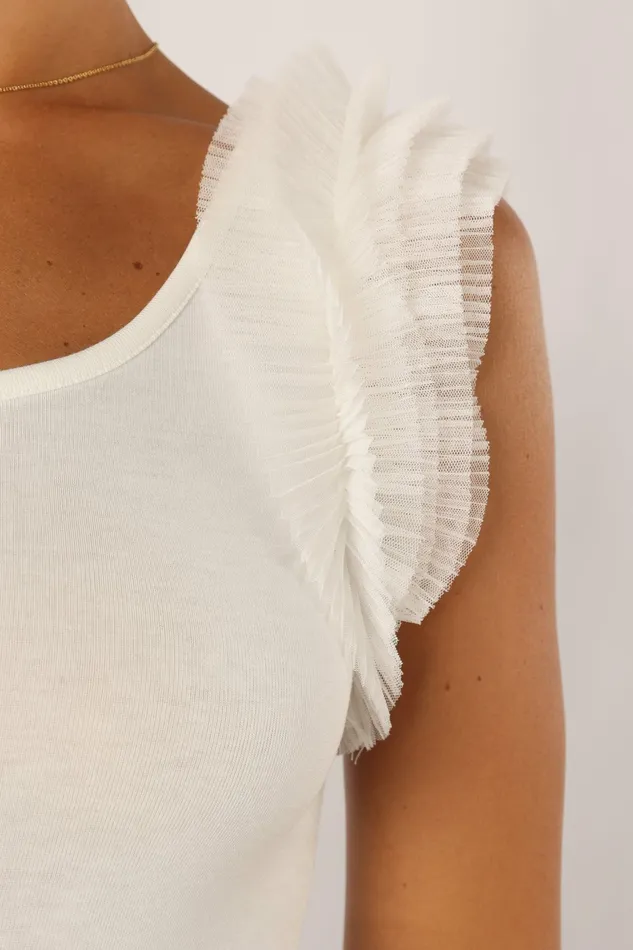 Bodysuits Petal and Pup Women Meg Tulle Ruffle Sleeve Bodysuit White