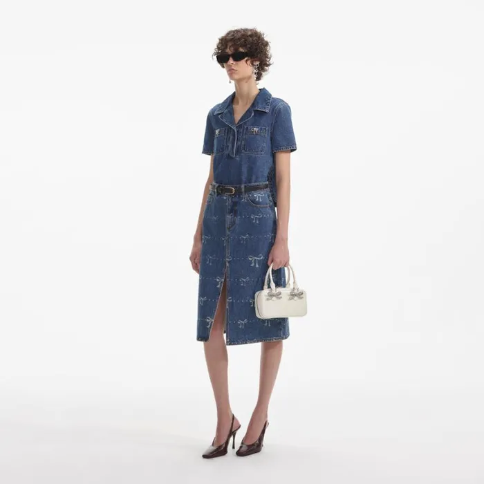 Bow Trim Denim Top Women Self Portrait Tops Bow Trim Denim Top Women Self Portrait Tops