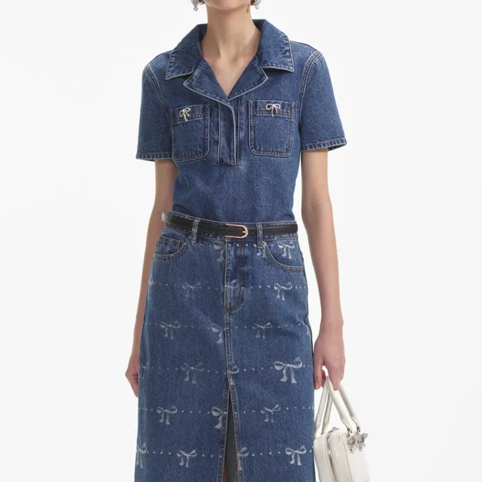 Bow Trim Denim Top Women Self Portrait Tops Bow Trim Denim Top Women Self Portrait Tops