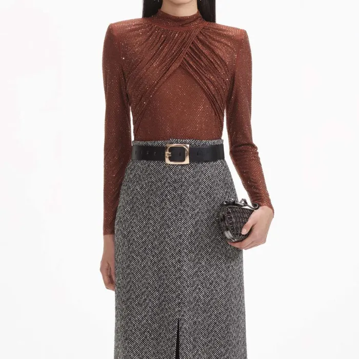 Brown Rhinestone Mesh Top Women Self Portrait Tops Brown Rhinestone Mesh Top Women Self Portrait Tops