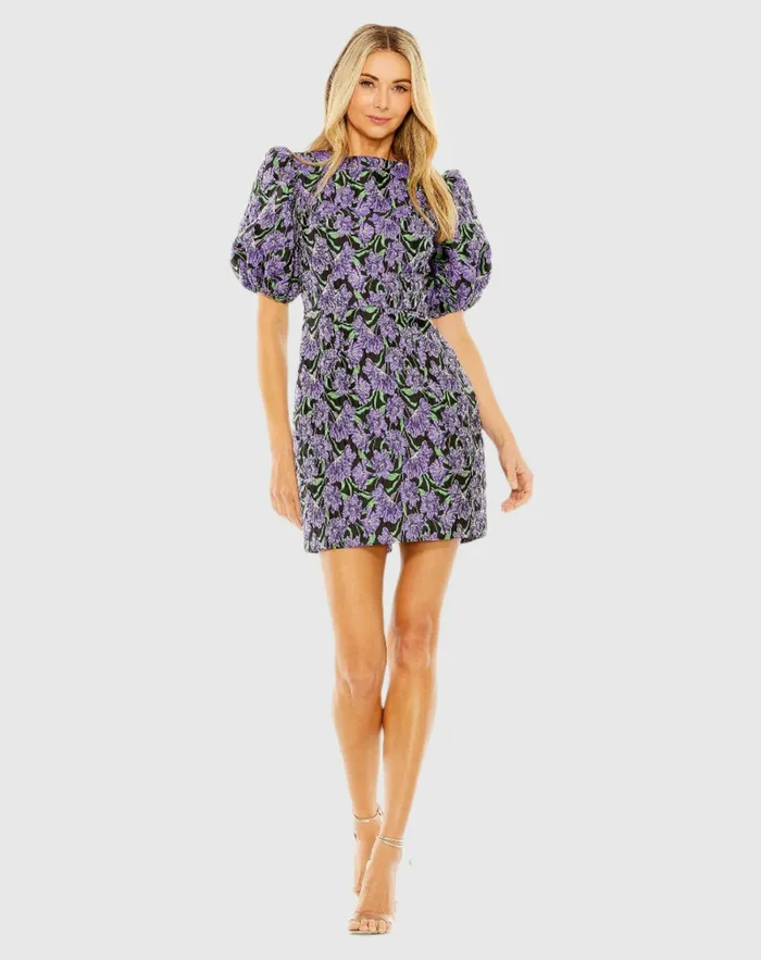Bubble Sleeve Brocade Mini Dress Purple Multi Daytime Dresses Mac Duggal Women Bubble Sleeve Brocade Mini Dress Purple Multi Daytime Dresses Mac Duggal Women