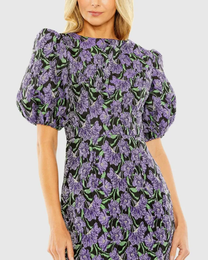 Bubble Sleeve Brocade Mini Dress Purple Multi Daytime Dresses Mac Duggal Women