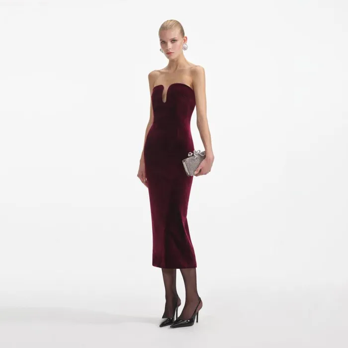 Burgundy Velvet Midi Dress Women Self Portrait Wedding Guest Burgundy Velvet Midi Dress Women Self Portrait Wedding Guest