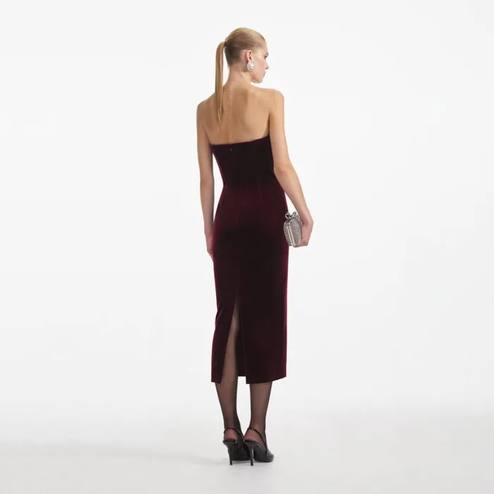 Burgundy Velvet Midi Dress Women Self Portrait Wedding Guest Burgundy Velvet Midi Dress Women Self Portrait Wedding Guest