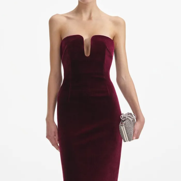 Burgundy Velvet Midi Dress Women Self Portrait Wedding Guest Burgundy Velvet Midi Dress Women Self Portrait Wedding Guest