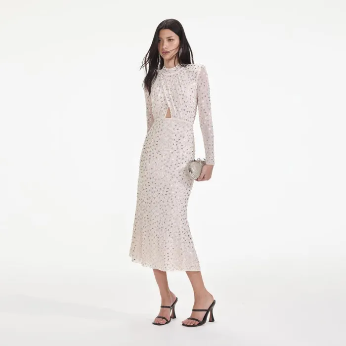 Champagne Rhinestone Mesh Midi Dress Women Self Portrait Dresses Champagne Rhinestone Mesh Midi Dress Women Self Portrait Dresses