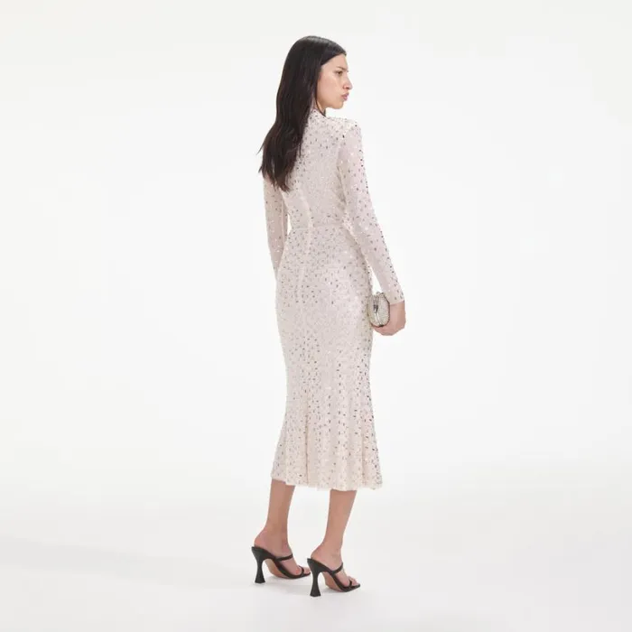 Champagne Rhinestone Mesh Midi Dress Women Self Portrait Dresses Champagne Rhinestone Mesh Midi Dress Women Self Portrait Dresses