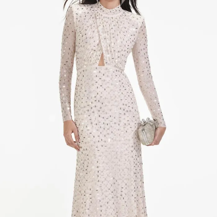Champagne Rhinestone Mesh Midi Dress Women Self Portrait Dresses Champagne Rhinestone Mesh Midi Dress Women Self Portrait Dresses