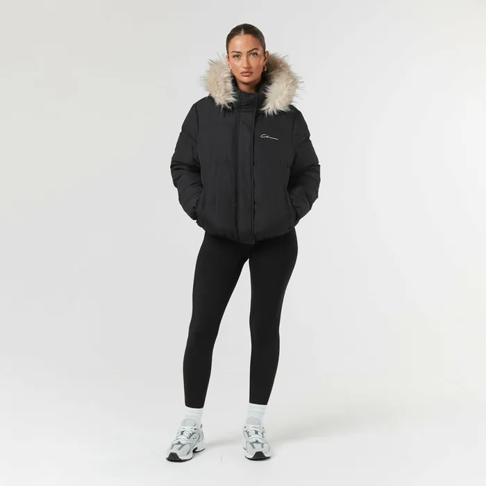 Closure London Faux Fur Cropped Puffer Black Women Coats and Jackets