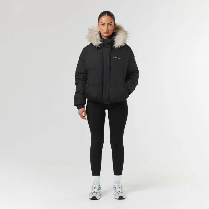 Closure London Faux Fur Cropped Puffer Black Women Coats and Jackets