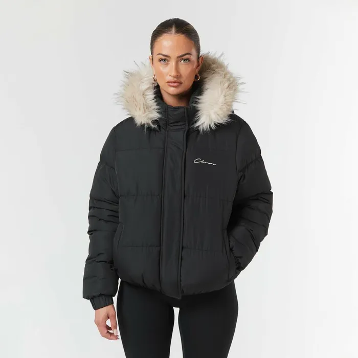 Closure London Faux Fur Cropped Puffer Black Women Coats and Jackets