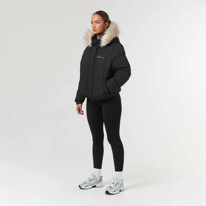 Closure London Faux Fur Cropped Puffer Black Women Coats and Jackets