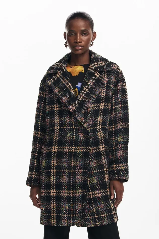 Coats And Jackets Women Desigual Short Checkered Coat Black