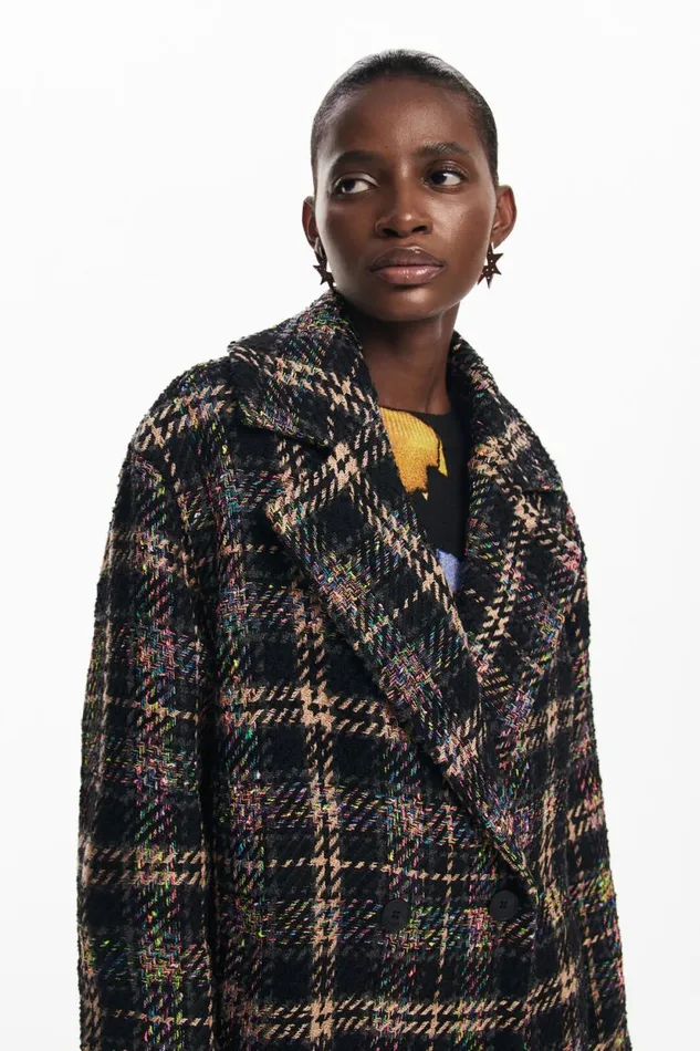 Coats And Jackets Women Desigual Short Checkered Coat Black