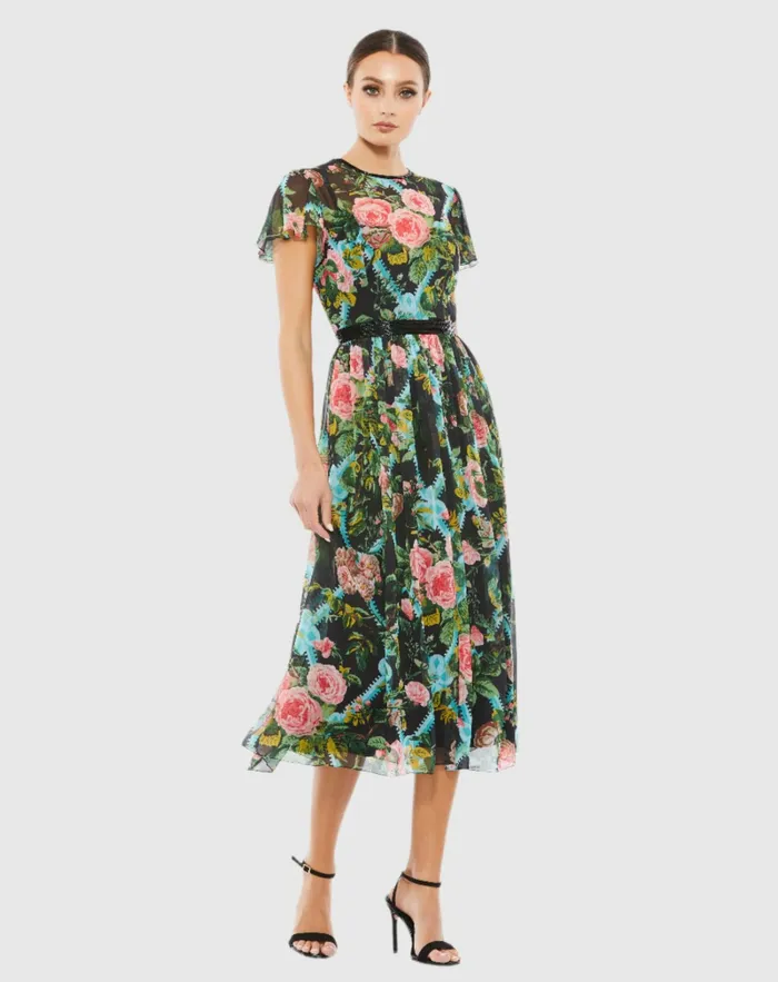 Cocktail Dresses Mac Duggal Women Floral Illusion Cap Sleeve Midi Dress Black Multi Cocktail Dresses Mac Duggal Women Floral Illusion Cap Sleeve Midi Dress Black Multi