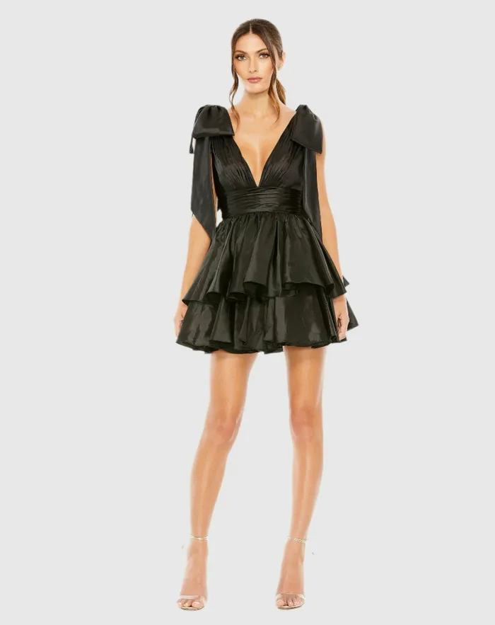 Cocktail Dresses Women Oversized Bow Deep V Ruffle Mini Dress Fuchsia Mac Duggal